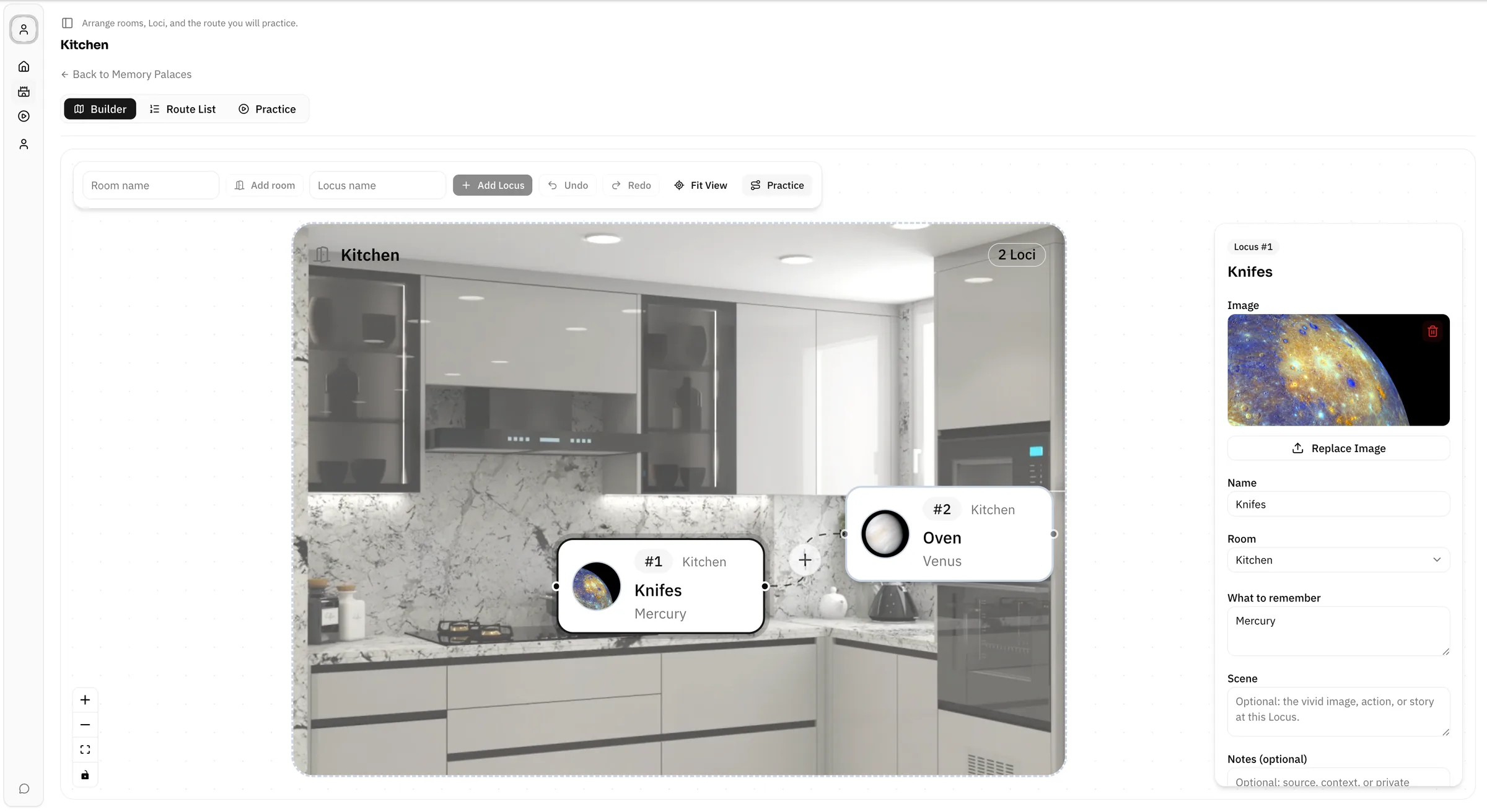 Lociplace Palace Builder showing a kitchen room image with draggable Loci cards and a route inspector