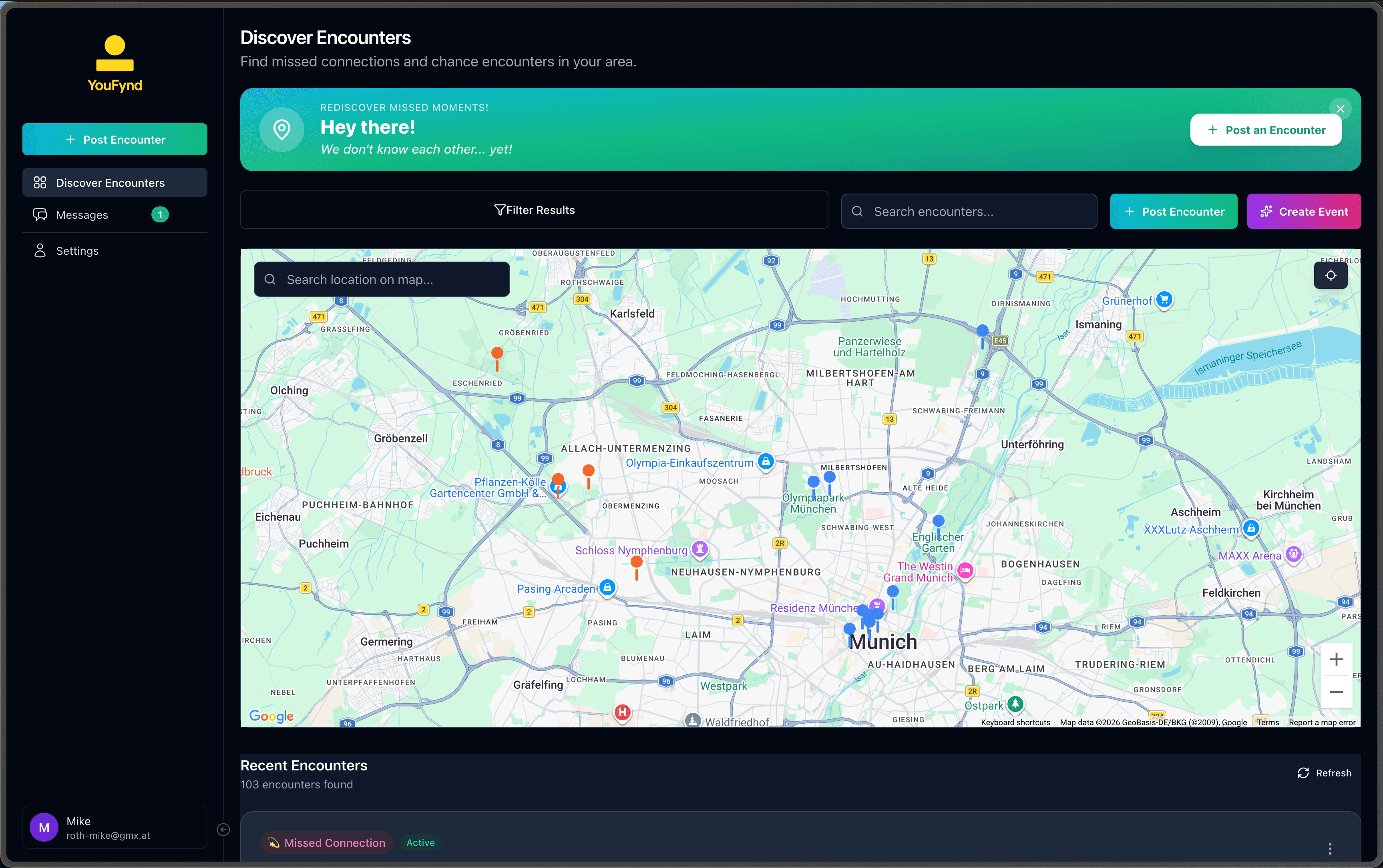YouFynd encounter dashboard with rediscovery banner, map view, and post encounter actions